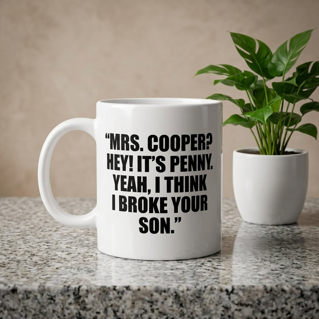 Mrs Cooper Hey It's Penny Yeah I Think I Broke Your Son Funny Ceramic Coffee Mug - Iconic TV Show Quote Drinkware Cup (11oz)