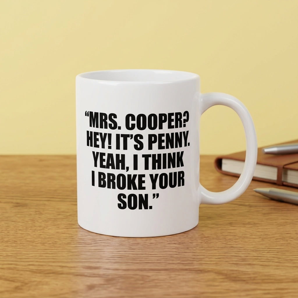 Mrs Cooper Hey It's Penny Yeah I Think I Broke Your Son Funny Ceramic Coffee Mug - Iconic TV Show Quote Drinkware Cup (11oz)