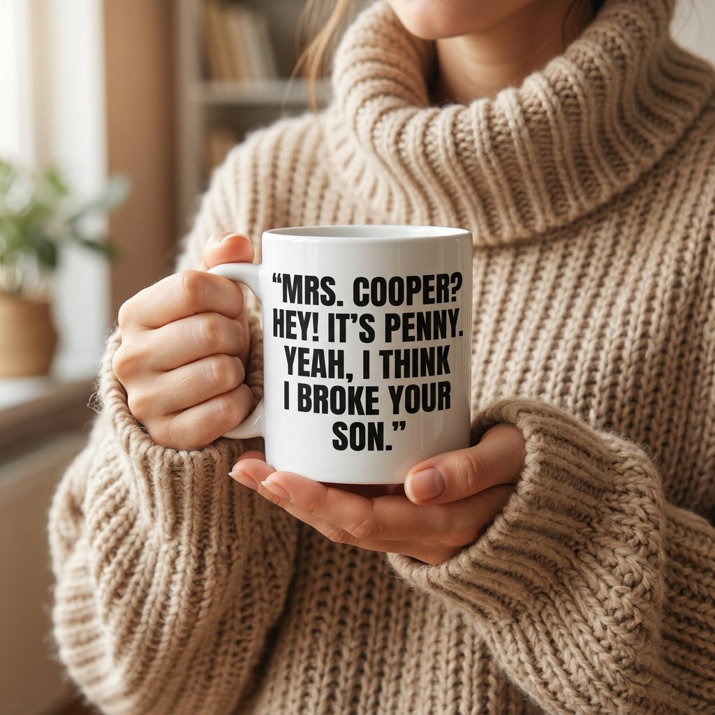 Mrs Cooper Hey It's Penny Yeah I Think I Broke Your Son Funny Ceramic Coffee Mug - Iconic TV Show Quote Drinkware Cup (11oz)