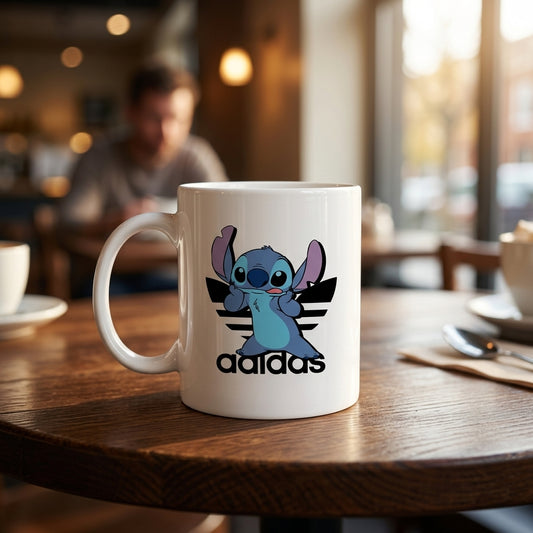 Adidas Inspired Stitch Parody Graphic White Ceramic Mug - Cute Disney Streetwear Coffee Cup (11oz)