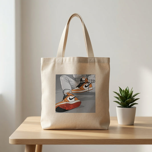 Orange High-Top Sneaker Illustrated Graphic Canvas Tote Bag - Anime Style Streetwear Shoulder Bag