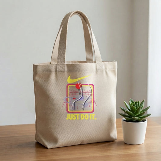 Retro Synthwave Grid "Just Do It" Yellow Nike Swoosh Cotton Canvas Tote Bag