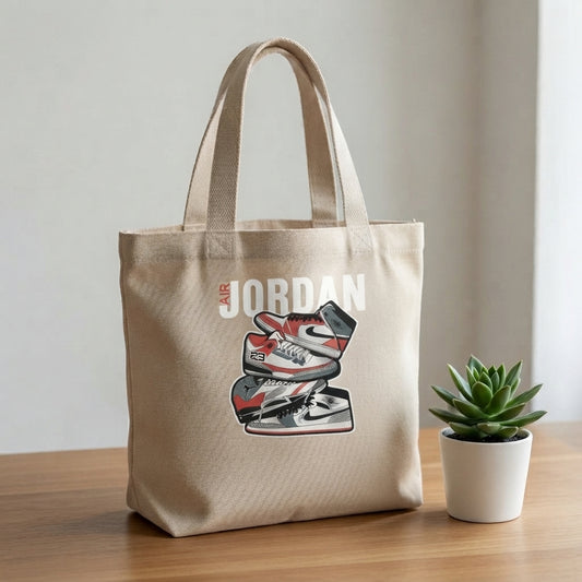 Retro Sneaker Stack Graphic Canvas Tote Bag - Classic Air Basketball Kicks Shoulder Bag