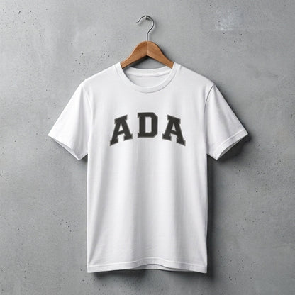 ADA Classic College Varsity Block Typography Graphic T-Shirt - Premium Soft Cotton Crew Neck Tee in White & Blue