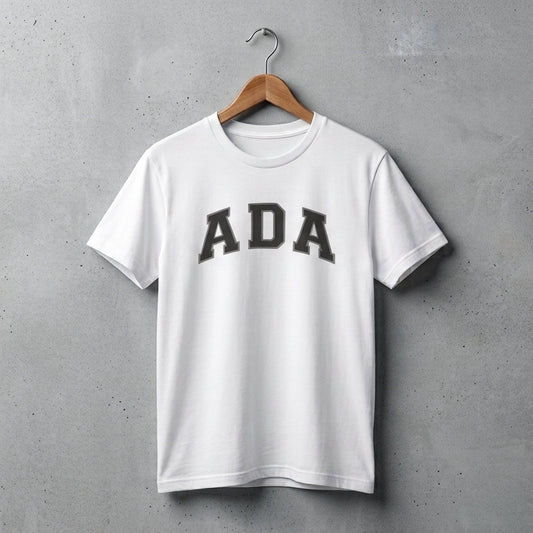 ADA Classic College Varsity Block Typography Graphic T-Shirt - Premium Soft Cotton Crew Neck Tee in White & Blue