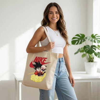 Kid Goku Flying Nimbus Graphic Canvas Tote Bag - Aesthetic Anime Shoulder Bag