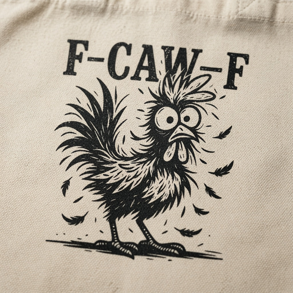 Vintage Black Print Frazzled Rooster "F-CAW-F" Canvas Tote Bag
